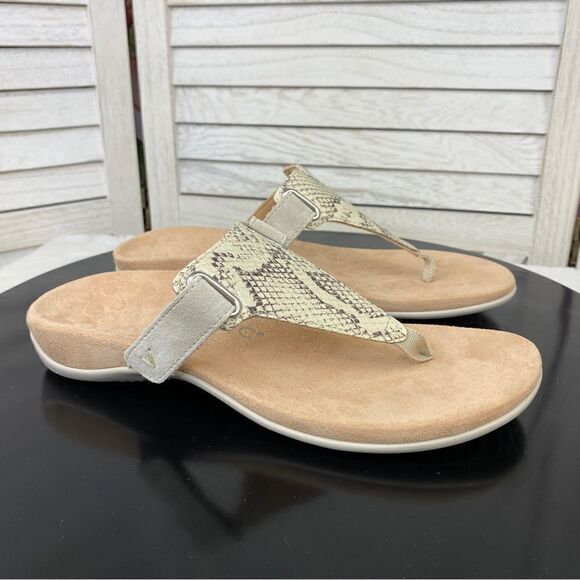 Vionic Wanda Leather T-strap Thing Sandals Beige 7 Bone Snake Embossed - Picture 3 of 12